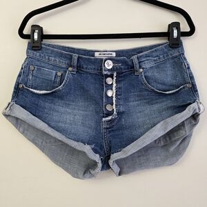 One Teaspoon Medium Blue Button-Front Denim Roll-Cuff Shorts